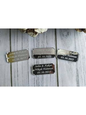 Pleksi Lazer Kesim Künye Etiket Isim Nişan Doğum Delikli 25 Adet Gümüş 3.5 Cm