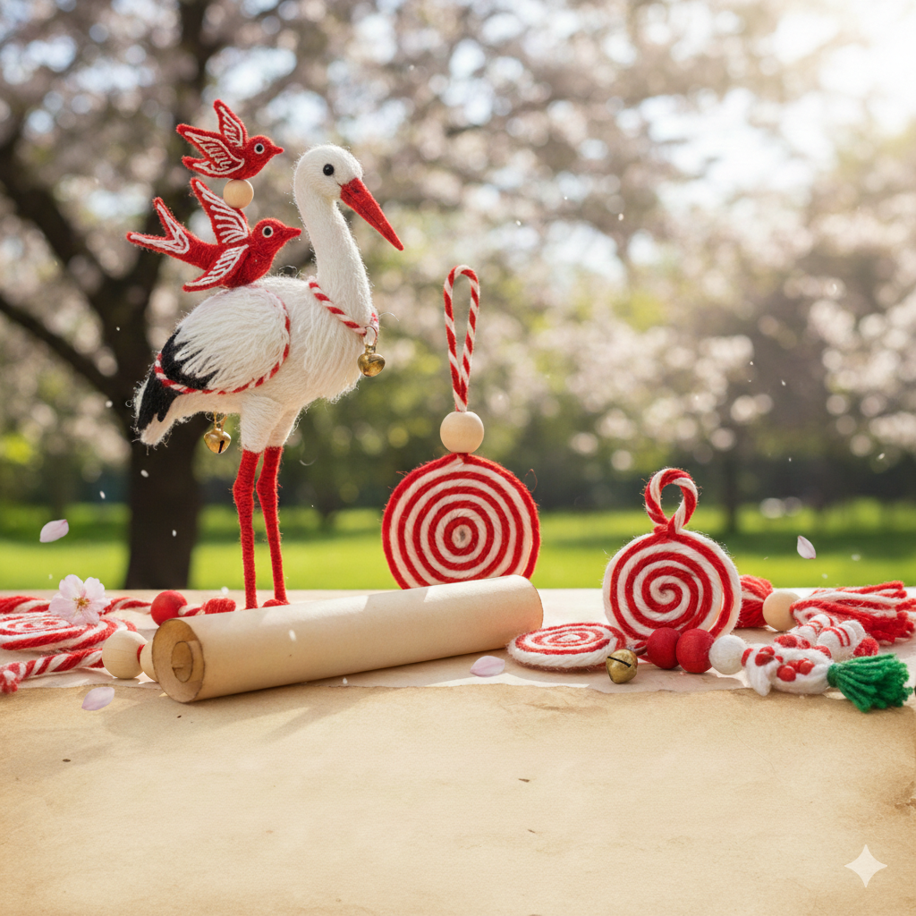 Bahar dalları önünde kırmızı beyaz iplerden yapılmış leylek figürü ve kırlangıç sembollü marteniçka bileklikleri.
