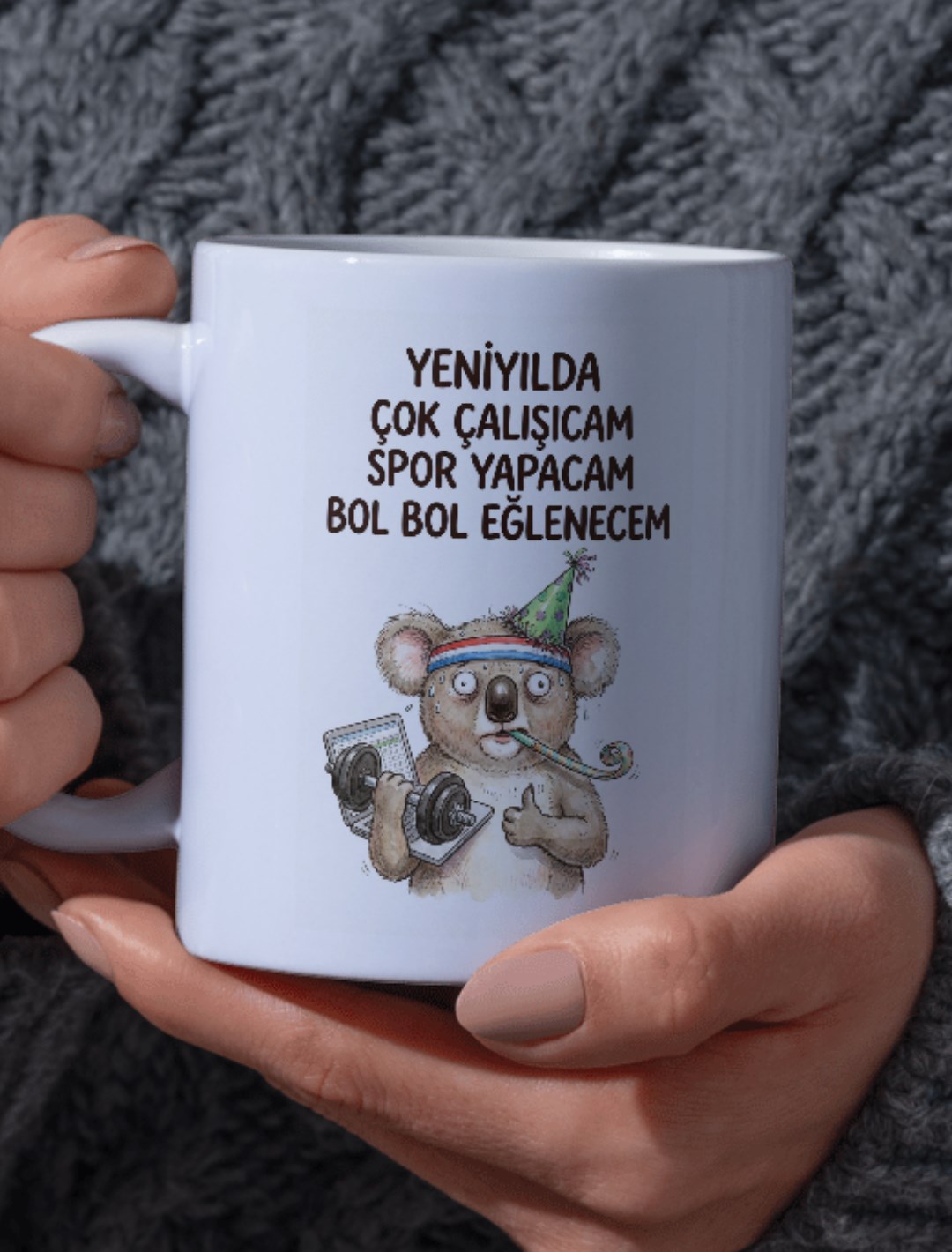 "Yeniyılda Çok Çalışıcam Spor Yapacam Bol Bol Eğlenecem" Yazılı Koala Tasarımlı Kupa - Görsel 2