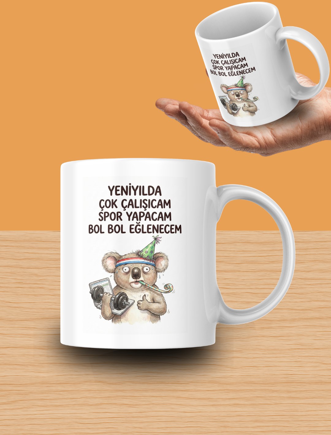 "Yeniyılda Çok Çalışıcam Spor Yapacam Bol Bol Eğlenecem" Yazılı Koala Tasarımlı Kupa